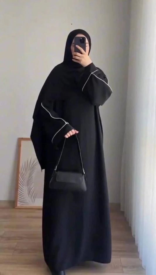 Front Close Black Abaya with White Piping Work