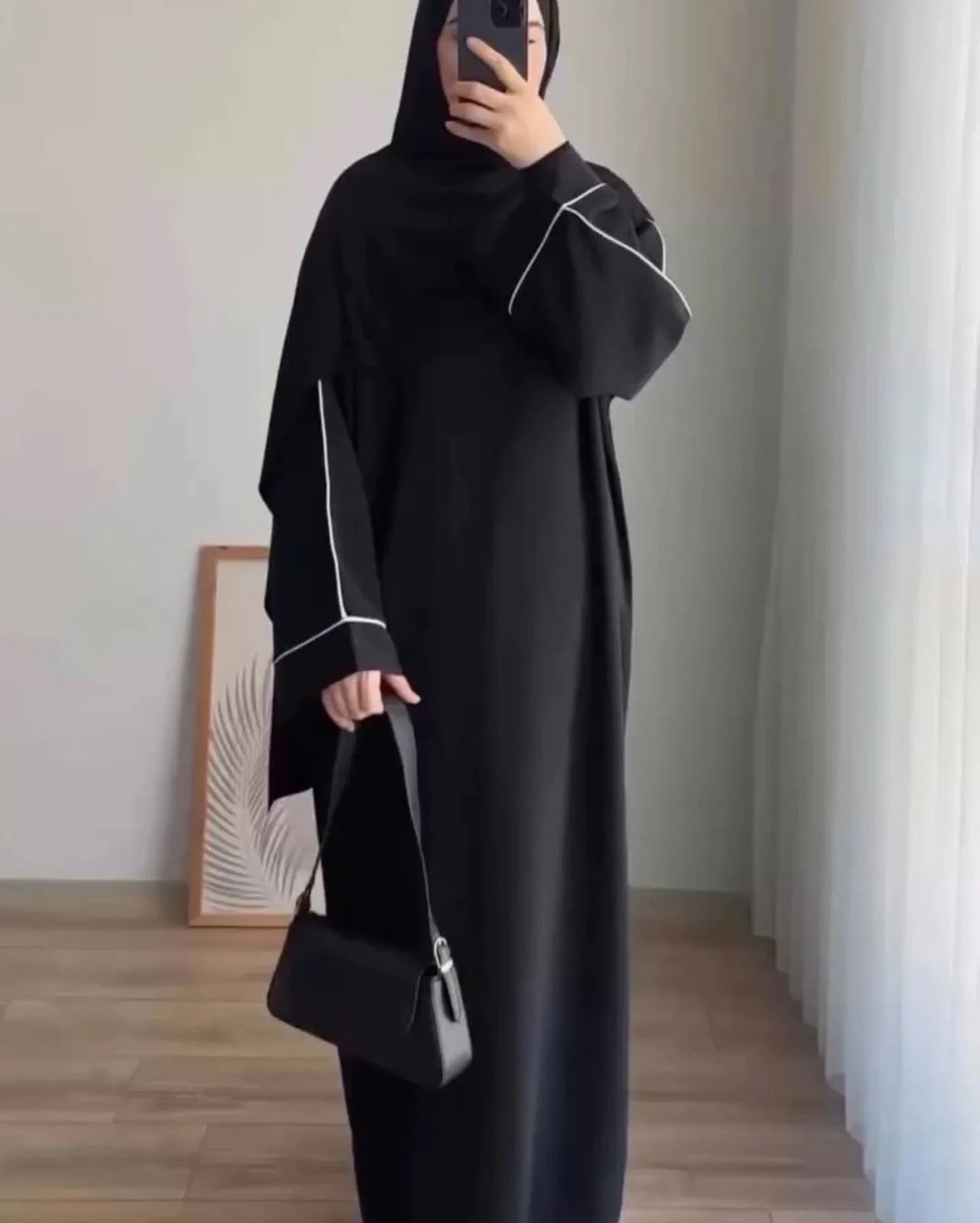 Front Close Black Abaya with White Piping Work