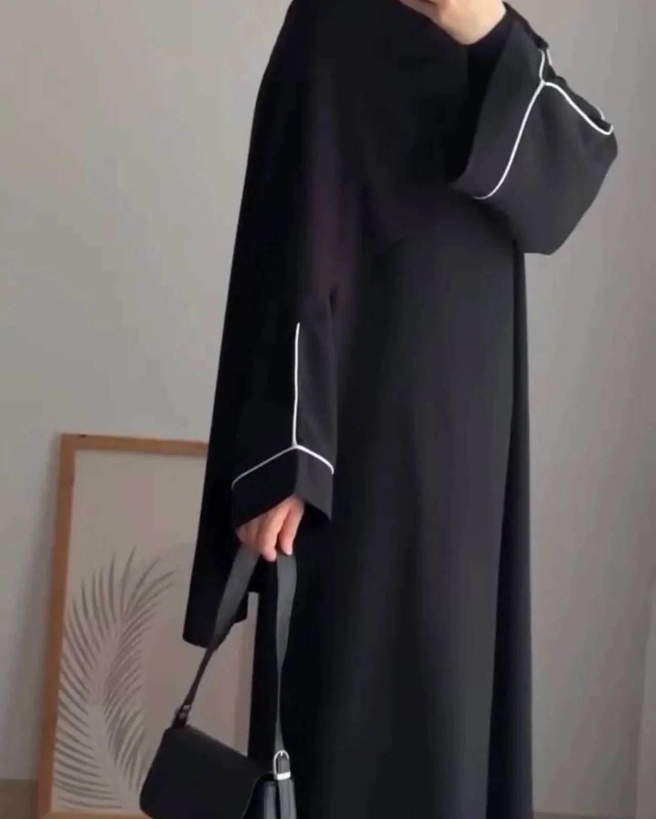 Front Close Black Abaya with White Piping Work
