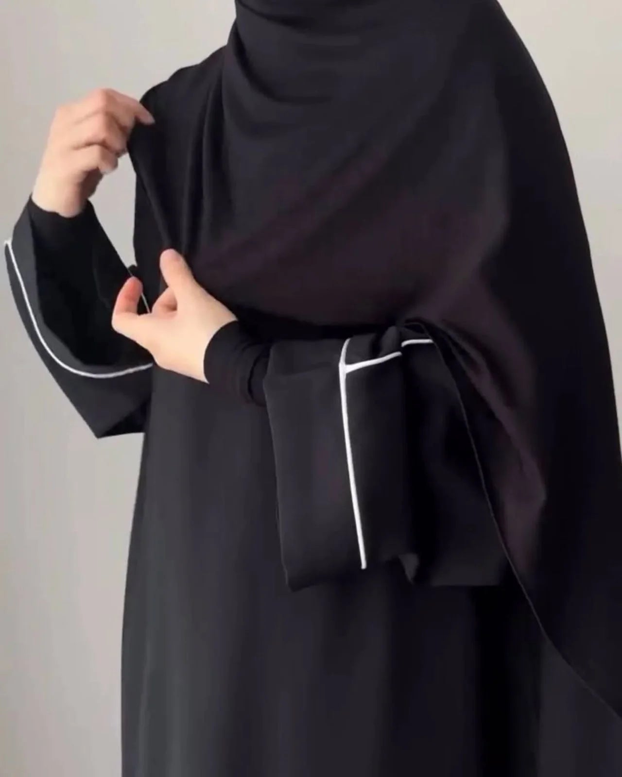 Front Close Black Abaya with White Piping Work